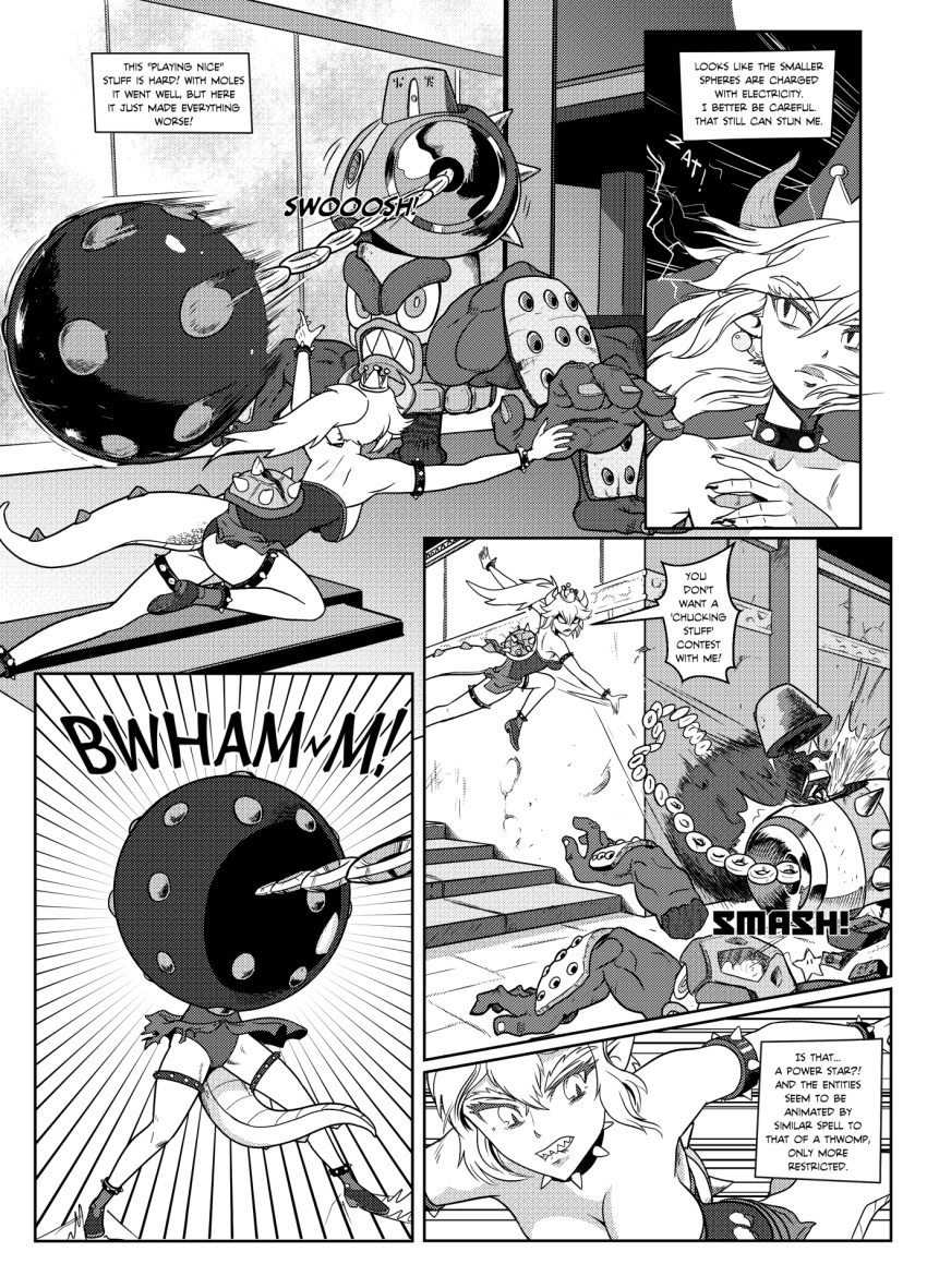 big_breasts bowser bowsette_meme breasts butt cleavage clothed clothing comic crossgender dialogue female fight koopa machine mario_bros nintendo pencils_(artist) power_star robot scalie super_crown text video_games wrecking_ball