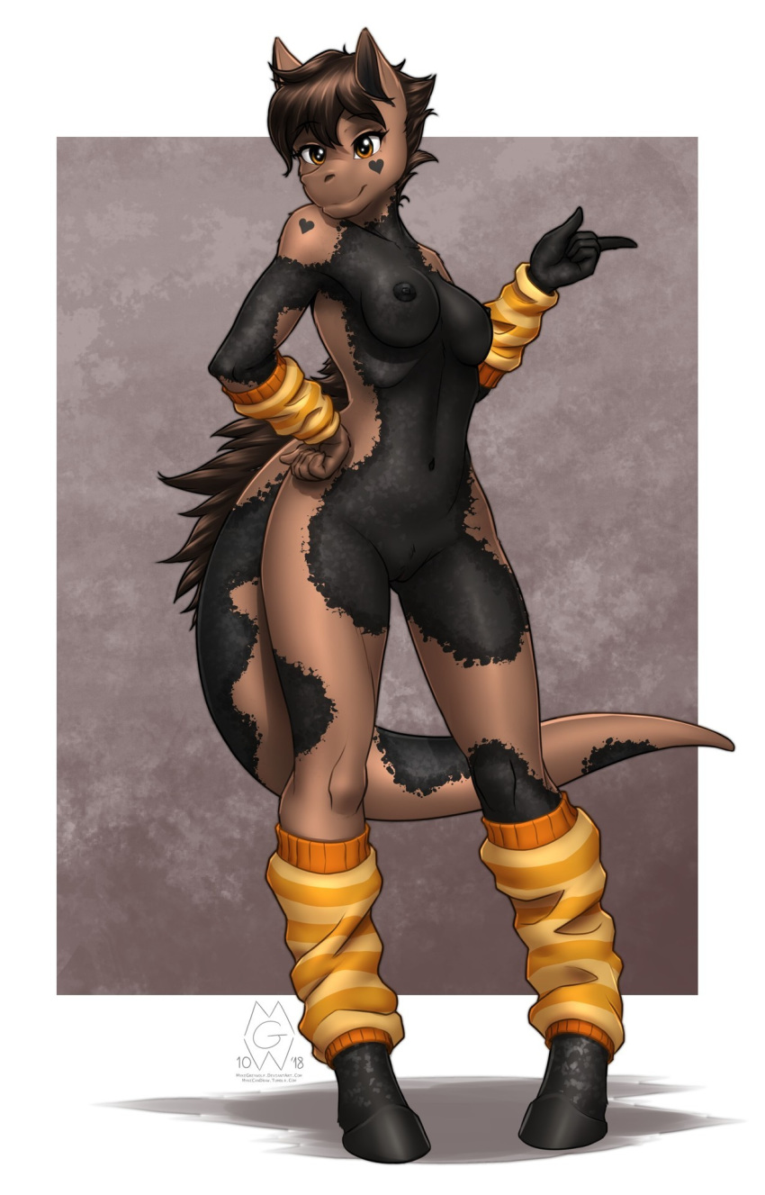 &lt;3 2018 5_fingers absurd_res anthro biped black_markings breasts brown_eyes brown_hair clothing digital_media_(artwork) dinosaur equine fan_character female hair hand_on_hip hi_res hooves horse hybrid leg_warmers legwear long_tail looking_at_viewer mammal markings mostly_nude my_little_pony mykegreywolf nessy_(kungfury) nipples pony pussy short_hair simple_background sleeves smile solo splotches_(marking) standing thick_tail thin_waist