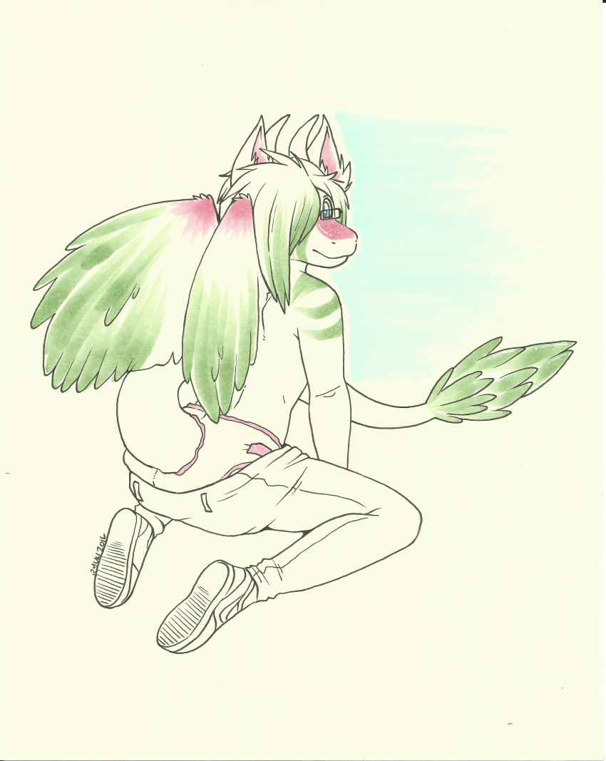 angel_dragon anthro biped clothed clothing diaper dragon eyewear feathers footwear fur glasses hair horn looking_back male multicolored_feathers multicolored_fur multicolored_hair pants pants_down partially_clothed shoes signature simple_background sitting source_request topless traditional_media_(artwork) twixxel_minty unknown_artist unknown_artist_signature white_background wings