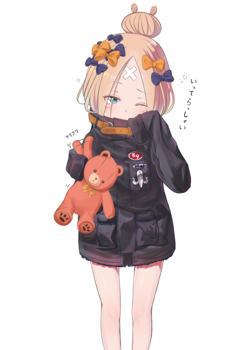 abigail_williams_(fate/grand_order) bandaid_on_forehead bangs belt black_bow black_jacket blonde_hair blue_eyes blush bow commentary_request crossed_bandaids fate/grand_order fate_(series) forehead hair_bow hair_bun heroic_spirit_traveling_outfit high_collar highres holding holding_stuffed_animal jacket legs long_hair looking_at_viewer one_eye_closed orange_bow parted_bangs polka_dot polka_dot_bow sakazakinchan simple_background sleeves_past_fingers sleeves_past_wrists solo stuffed_animal stuffed_toy teddy_bear thighs white_background