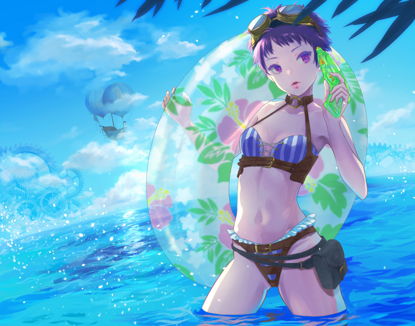 aircraft airship belt blue_sky cloud day gears goggles goggles_on_head highres innertube navel ocean original parted_lips pouch purple_eyes purple_hair rony short_hair sky solo standing steampunk swimsuit water_gun