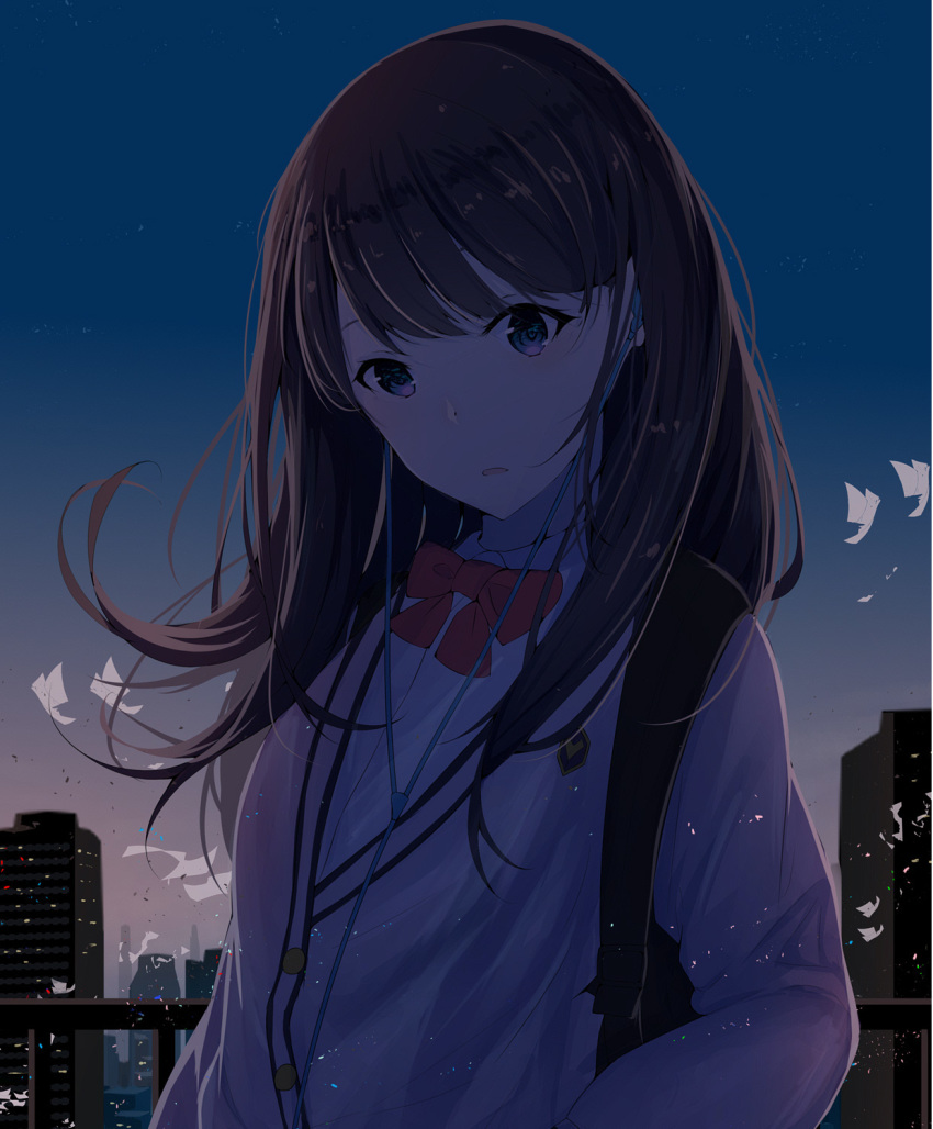 backpack bag bangs blue_sky blush bow brown_hair building cardigan collared_shirt commentary_request earbuds earphones head_tilt highres long_hair night night_sky outdoors parted_lips purple_eyes railing re:rin red_bow shirt sky skyscraper solo ssss.gridman takarada_rikka upper_body white_cardigan white_shirt