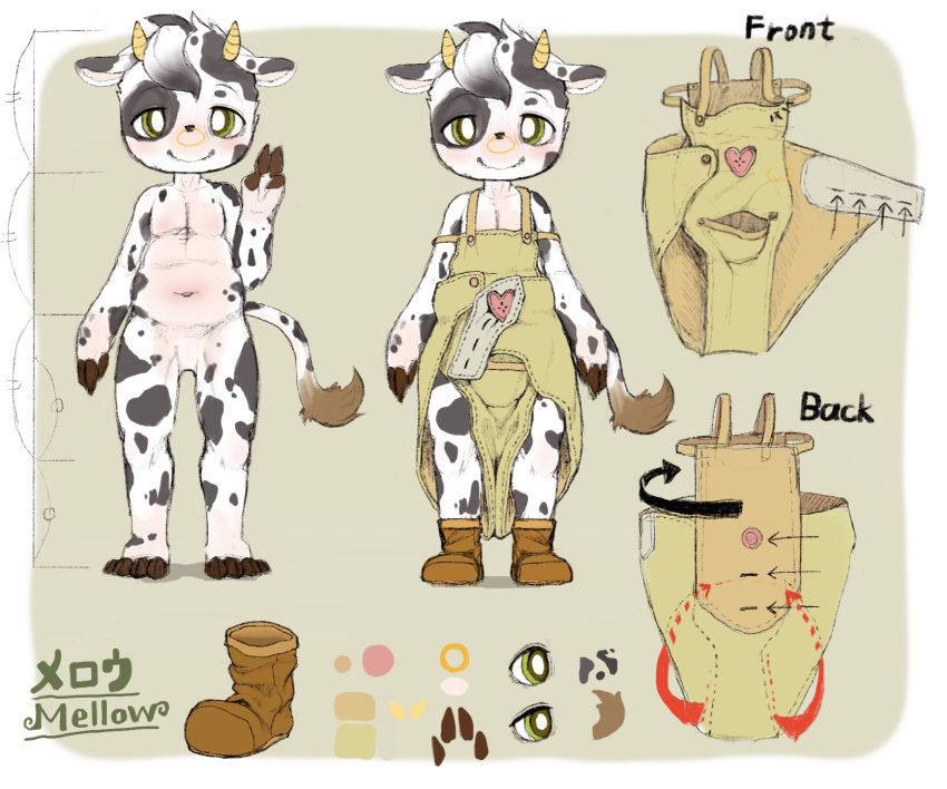 2018 4_fingers anthro bovine cattle clothing english_text featureless_crotch footwear hi_res looking_at_viewer mammal model_sheet navel nude smile syuro text young