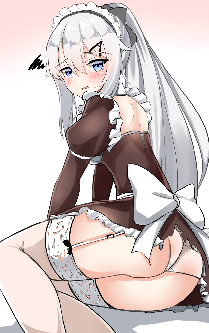 9a-91_(girls_frontline) absurdres alternate_costume alternate_hairstyle ass bangs black_bow blue_eyes blush bow brown_background brown_dress dress eyebrows_visible_through_hair frilled_dress frills garter_straps girls_frontline gradient gradient_background hair_between_eyes hair_bow high_ponytail highres juliet_sleeves long_hair long_sleeves looking_at_viewer looking_back maid_headdress moyoron panties parted_lips puffy_sleeves shadow shoulder_blades silver_hair solo thighhighs underwear very_long_hair white_background white_bow white_legwear white_panties
