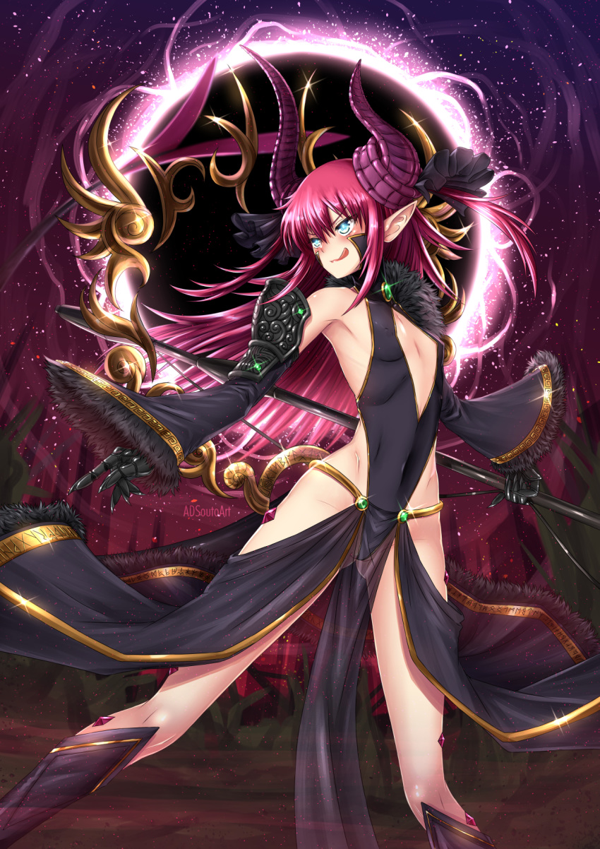 :p adsouto artist_name ass_visible_through_thighs asymmetrical_horns blue_eyes blush bow breasts claws cleavage_cutout commentary covered_navel covered_nipples curled_horns detached_sleeves dragon_girl dragon_horns dragon_tail elizabeth_bathory_(fate) elizabeth_bathory_(fate)_(all) english_commentary eyebrows_visible_through_hair fate/grand_order fate_(series) fur_trim highres horns legs_apart leotard long_hair looking_to_the_side night partially_visible_vulva pelvic_curtain pink_hair pointy_ears see-through small_breasts solo tail tail_bow tongue tongue_out watermark