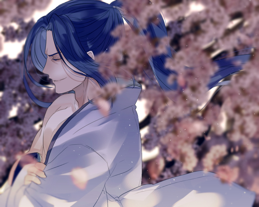 assassin_(fate/stay_night) blue_hair blurry cherry_blossoms closed_eyes closed_mouth crossed_arms dekoyama depth_of_field fate/grand_order fate/stay_night fate_(series) floating_hair from_side hadanugi_dousa japanese_clothes light_particles long_hair neck off_shoulder petals ponytail profile single_bare_shoulder smirk smug upper_body