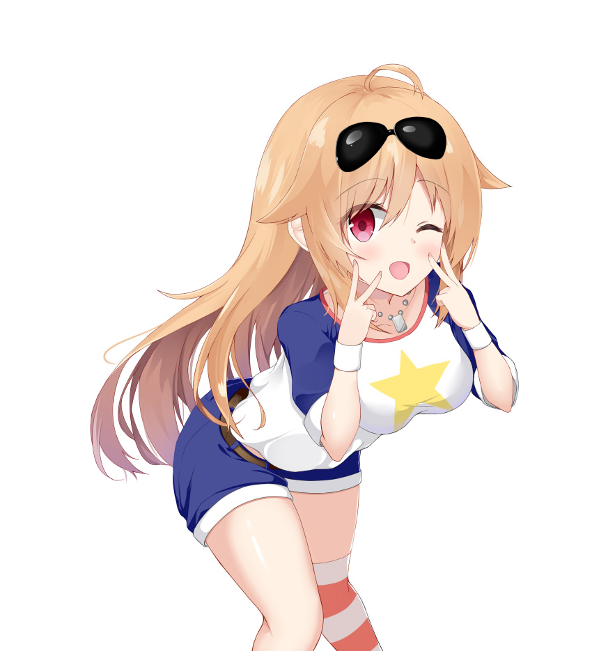 ;d absurdres asymmetrical_legwear azur_lane bangs belt blue_shorts blush breasts brown_belt collarbone columbia_(azur_lane) commentary_request double_v eyebrows_visible_through_hair eyewear_on_head fingernails hair_between_eyes highres large_breasts leaning_forward light_brown_hair long_hair looking_at_viewer one_eye_closed open_mouth roido_(taniko-t-1218) shirt short_shorts short_sleeves shorts simple_background single_thighhigh smile solo star striped striped_legwear sunglasses thighhighs v very_long_hair white_background white_shirt wristband