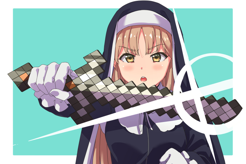 black_dress blonde_hair blue_background blush chestnut_mouth commentary_request dress eyebrows_visible_through_hair glint gloves habit highres holding holding_sword holding_weapon karahai_(31448823) long_hair long_sleeves looking_at_viewer minecraft nijisanji nun open_mouth outstretched_arm round_teeth simple_background sister_cleaire sword teeth upper_body upper_teeth v-shaped_eyebrows weapon white_gloves yellow_eyes