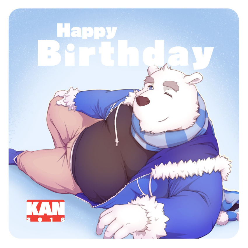 2018 anthro bear belly blue_eyes clothing english_text fur humanoid_hands male mammal morkovjpn one_eye_closed overweight overweight_male pants polar_bear scarf shirane_kan shirt simple_background solo text utau white_fur wink