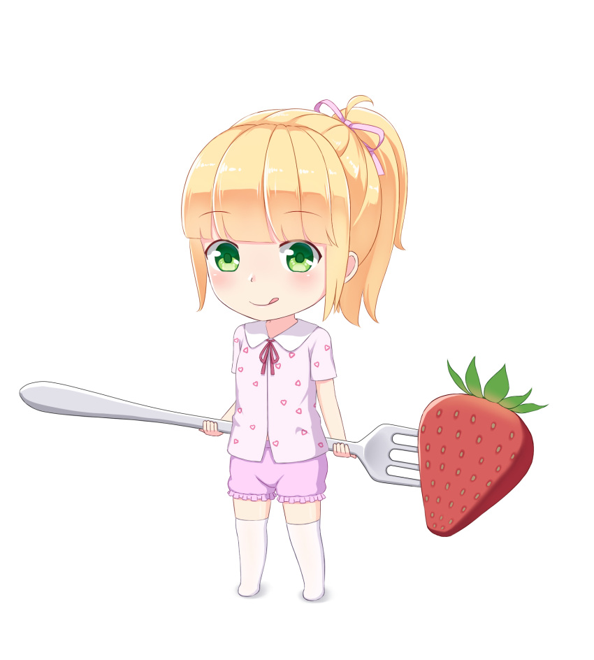 :p abwan bangs blush brown_hair chibi closed_mouth collared_shirt dress_shirt eyebrows_visible_through_hair food fork frilled_shorts frills fruit full_body green_eyes hair_ribbon heart heart_print highres holding holding_fork looking_at_viewer minigirl no_shoes original oversized_object pink_ribbon pink_shirt pink_shorts ponytail print_shirt ribbon shadow shirt short_shorts short_sleeves shorts sidelocks smile solo standing strawberry thighhighs tongue tongue_out white_background white_legwear
