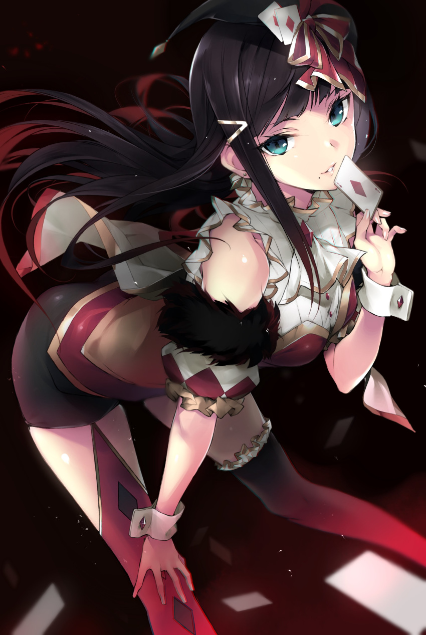 absurdres ace_of_diamonds aqua_eyes ascot ass bangs black_hair black_legwear cape card commentary_request dark_background detached_sleeves frilled_legwear frilled_shirt frilled_sleeves frills fur-trimmed_sleeves fur_trim garter_straps hair_ornament hair_ribbon hairclip hand_on_own_knee hario_4 hat highres holding holding_card jester_cap kneehighs kurosawa_dia leaning_forward long_hair looking_at_viewer love_live! love_live!_sunshine!! mole mole_under_mouth parted_lips playing_card red_legwear red_ribbon ribbon shirt sidelocks smile solo white_background wrist_cuffs