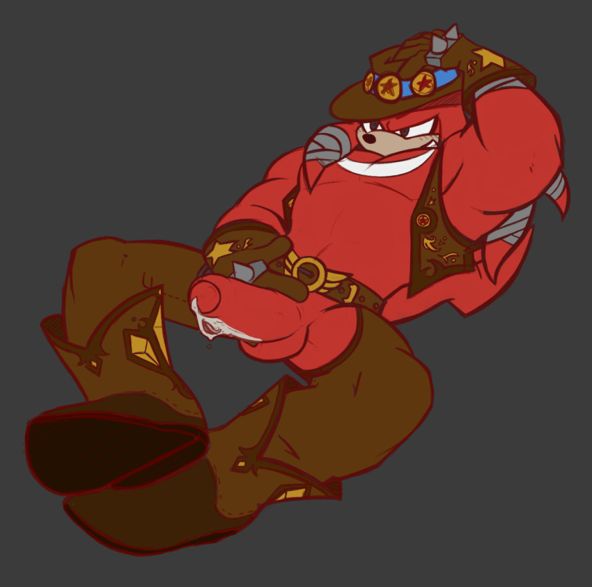 belt boots clothing cowboy echidna erection footwear foreskin grin hat humanoid_penis knuckles_the_echidna male mammal monotreme muscular nikolai-the-wolfdog penis precum rolz simple_background smile solo sonic_(series) uncut vest