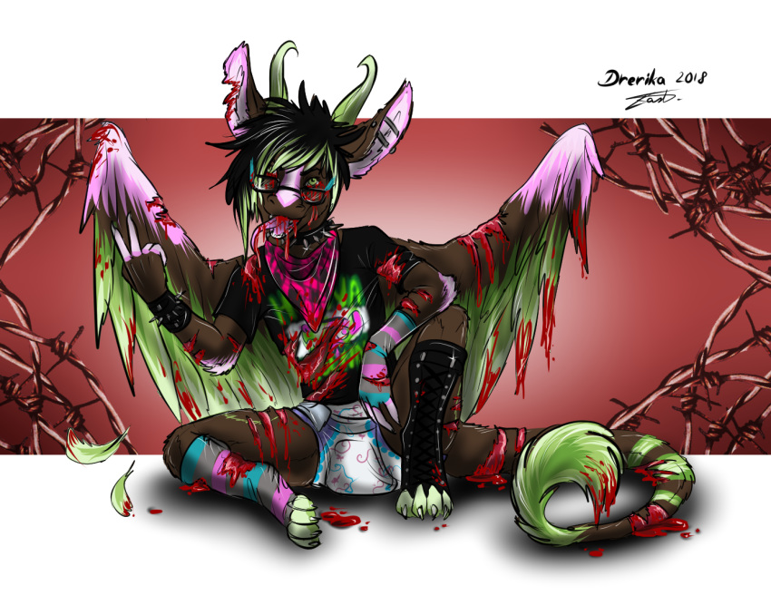 2018 4_toes angel_dragon anthro barbed_wire biped blood claws clothed clothing diaper digitigrade dragon eyewear feathers fully_clothed fur glasses gore hair legwear looking_at_viewer male multicolored_feathers multicolored_fur multicolored_hair open_mouth signature simple_background sitting solo source_request stockings toe_claws toes tongue tongue_out twixxel_minty unknown_artist unknown_artist_signature wings wounded