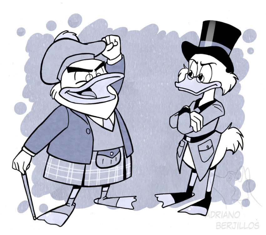 2018 4_fingers abstract_background anthro avian bird bottomless cane clothed clothing corgi_(artist) crossed_arms disney duck ducktales duo eyewear feathers fist_pump flintheart_glomgold glasses greyscale hat kilt male monochrome open_mouth open_smile pince-nez raised_arm scrooge_mcduck smile standing top_hat webbed_feet white_feathers