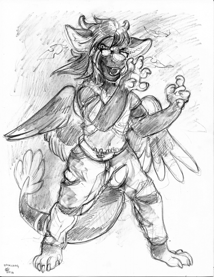 angel_dragon anthro biped clothed clothing diaper digitigrade dragon eyewear feathers fully_clothed fur glasses hair horn looking_at_viewer male pants shirt signature simple_background sketch solo source_request standing traditional_media_(artwork) twixxel_minty unknown_artist unknown_artist_signature