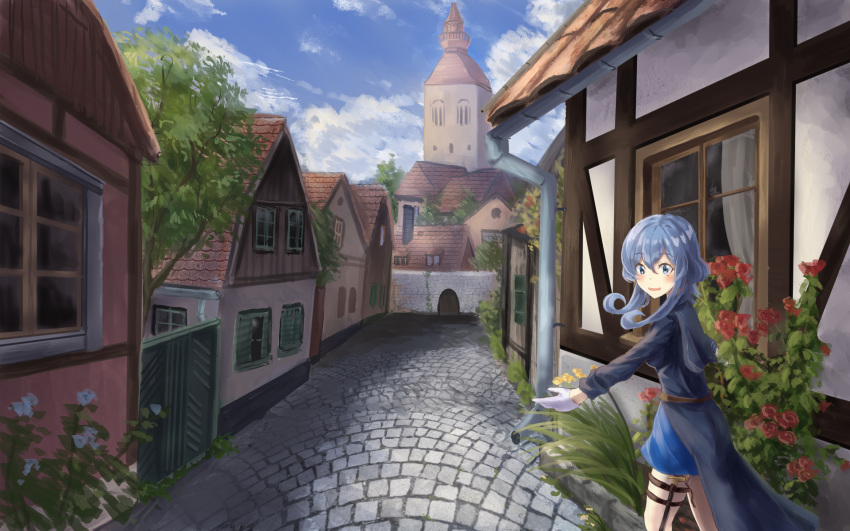bangs belt blue_eyes blue_hair blue_sailor_collar blue_shirt blue_skirt blue_sky blush building cane cathedral check_commentary chimney cloud cloudy_sky commentary_request curtains day door drainpipe eyebrows_visible_through_hair flower gloves gotland_(kantai_collection) grass hadron9 hair_between_eyes highres house kantai_collection long_hair long_sleeves looking_at_viewer miniskirt mole mole_under_eye outdoors outstretched_hand parted_lips pavement plant road rose sailor_collar scenery shirt sidelocks skirt sky smile solo standing street sweden thigh_strap tile_roof tower town tree uniform wallpaper white_gloves window
