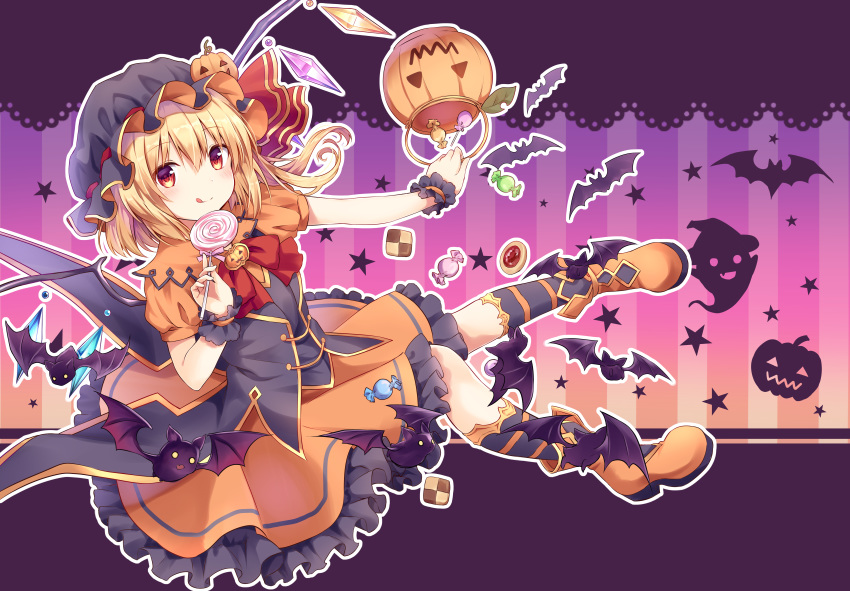 :q absurdres alternate_costume ankle_boots basket bat black_hat black_vest blonde_hair blush boots bow bowtie brooch candy candy_wrapper checkerboard_cookie cookie crystal eyebrows_visible_through_hair flandre_scarlet food frilled_skirt frills full_body ghost gradient gradient_background halloween halloween_basket hat hat_ribbon highres holding holding_basket holding_lollipop huge_filesize jack-o'-lantern jam_cookie jewelry kneehighs knees_together_feet_apart kure~pu licking_lips lollipop looking_at_viewer mob_cap one_side_up orange_footwear orange_shirt orange_skirt outline outstretched_arm pigeon-toed puffy_short_sleeves puffy_sleeves pumpkin red_bow red_eyes red_ribbon ribbon shirt short_hair short_sleeves sitting skirt skirt_set smile solo star starry_background striped striped_background striped_legwear swirl_lollipop thumbprint_cookie tongue tongue_out touhou vertical-striped_background vertical_stripes vest wings wrist_cuffs