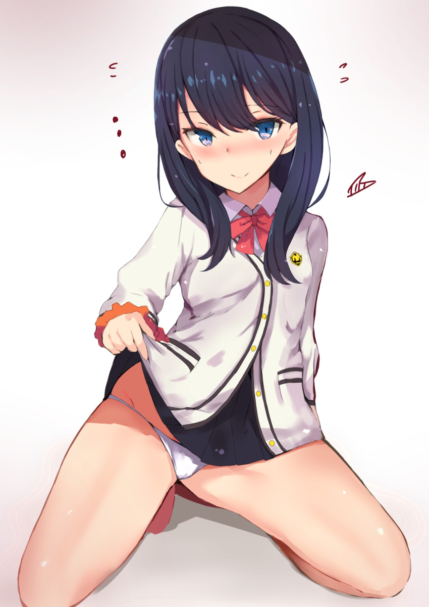 black_hair blue_eyes blush bow bowtie cardigan closed_mouth commentary_request heart highres kneeling legs long_hair long_sleeves looking_at_viewer muoto panties red_neckwear shirt smile solo ssss.gridman takarada_rikka thighs underwear white_cardigan white_panties white_shirt