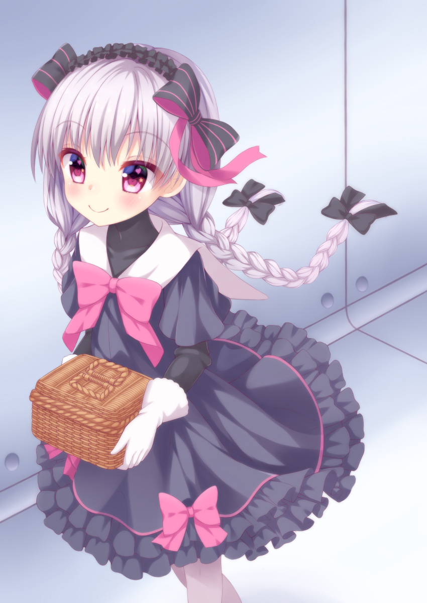 absurdres bangs basket black_bow black_dress blush bow braid closed_mouth commentary covered_collarbone doll_joints dress eyebrows_visible_through_hair fate/extra fate/grand_order fate_(series) frilled_dress frills gloves hair_between_eyes hair_bow hakuto_momiji heart heart_in_eye highres holding holding_basket indoors long_hair low_twintails nursery_rhyme_(fate/extra) pantyhose pink_bow purple_eyes sailor_dress short_sleeves silver_hair smile solo standing star star_in_eye striped striped_bow symbol_in_eye twin_braids twintails very_long_hair white_dress white_gloves white_legwear