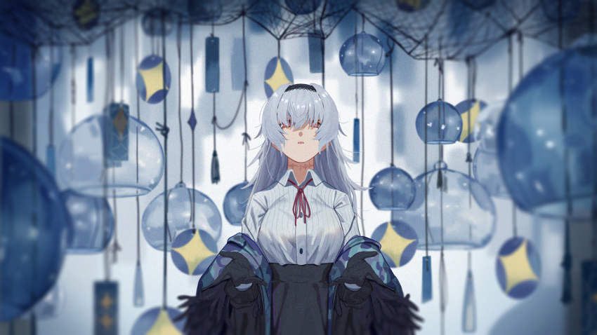 bangs black_gloves black_hairband black_jacket black_skirt breasts collared_shirt feathers girls_frontline gloves hairband hands_up high-waist_skirt highres jacket long_hair long_sleeves looking_at_viewer medium_breasts neck_ribbon neck_scar open_mouth red_eyes red_ribbon ribbon scar shirt sidelocks skirt solo striped striped_shirt thunder_(girls_frontline) tsuaaa wind_chime