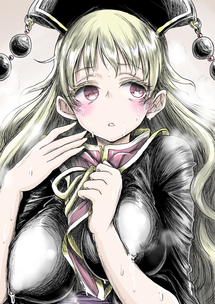 between_breasts black_shirt blonde_hair blush breast_press breasts chikado commentary_request eyebrows_visible_through_hair fingernails hat highres junko_(touhou) lactation lactation_through_clothes long_hair looking_to_the_side red_eyes ribbon shirt sweat sweatdrop teeth touhou upper_body
