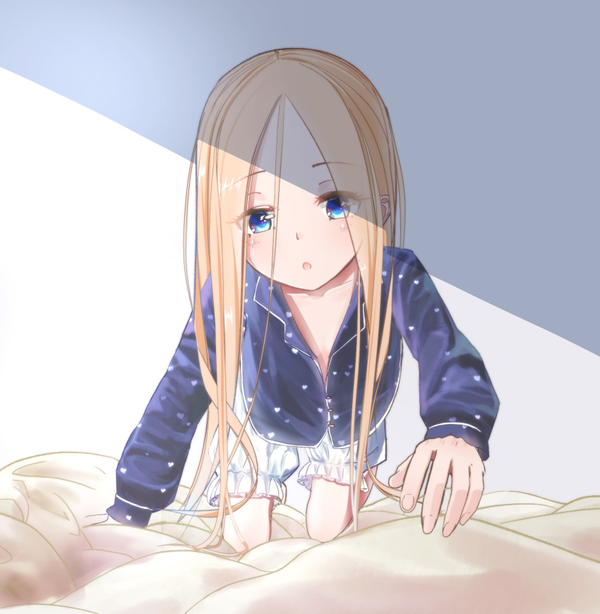 :o abigail_williams_(fate/grand_order) all_fours alternate_costume bangs bed_sheet blonde_hair bloomers blue_eyes blue_shirt blush collarbone eyebrows_visible_through_hair fate/grand_order fate_(series) fingernails flat_chest forehead hair_between_eyes head_tilt heart heart_print highres long_hair long_sleeves looking_at_viewer on_bed pajamas parted_bangs parted_lips partially_unbuttoned sakazakinchan shade shirt solo underwear very_long_hair white_bloomers