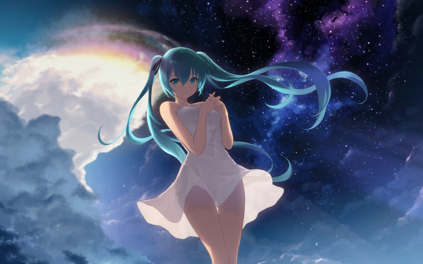 aqua_eyes aqua_hair bare_arms bare_shoulders cait cloud commentary covered_navel dress hair_between_eyes hands_together hatsune_miku highres long_hair looking_at_viewer see-through_silhouette sleeveless sleeveless_dress smile solo space thigh_gap twintails very_long_hair vocaloid white_dress