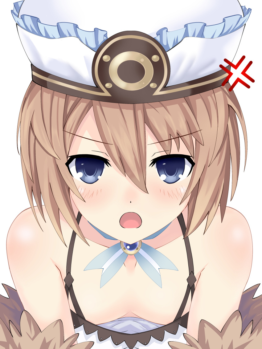 absurdres angry bare_shoulders blanc blue_eyes blush breasts brown_hair cleavage collarbone downblouse dress en-sof fur_trim hair_between_eyes hat highres looking_at_viewer medium_hair neptune_(series) no_bra open_mouth simple_background small_breasts solo spaghetti_strap upper_body white_background white_dress