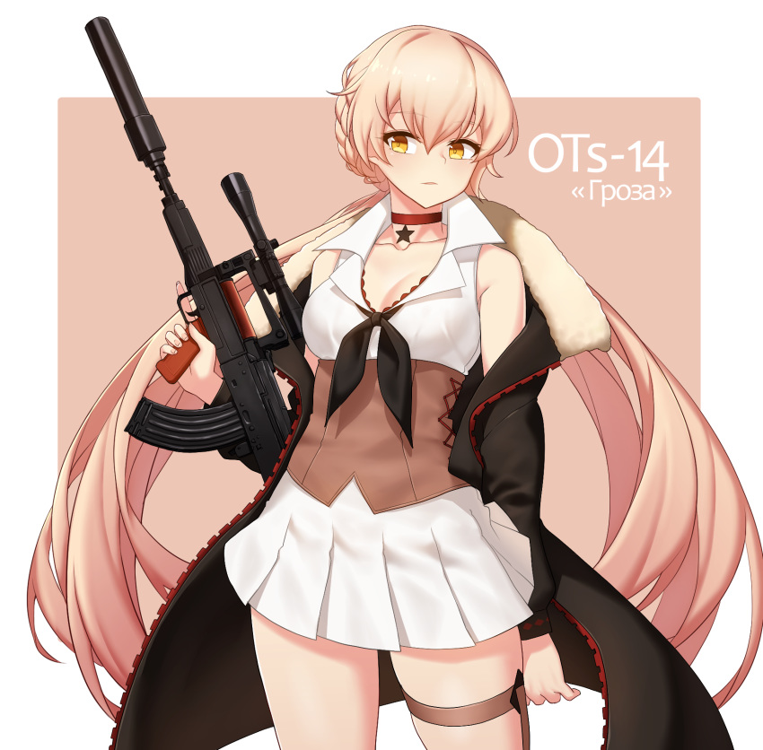 bangs bare_shoulders black_coat black_ribbon blonde_hair blush braid breasts bullpup character_name choker cleavage coat commentary contrapposto corset cowboy_shot fur-trimmed_coat fur_trim girls_frontline gun hair_between_eyes highres holding holding_gun holding_weapon long_hair long_sleeves looking_at_viewer low_twintails medium_breasts miniskirt narynn off_shoulder ots-14 ots-14_(girls_frontline) parted_lips pink_background pleated_skirt red_choker ribbon rifle side_braid skirt sniper_rifle solo star thigh_strap trigger_discipline twintails two-tone_background unzipped very_long_hair weapon white_skirt zipper