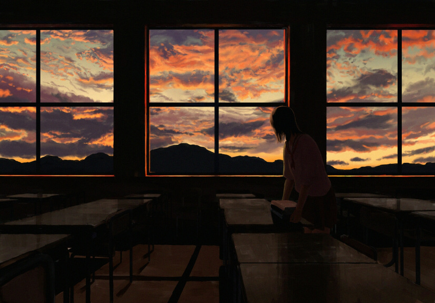 book classroom cloud cloudy_sky desk dusk highres horizon indoors looking_out_window mountainous_horizon moyu_(forest1101) original pleated_skirt scenery school_desk school_uniform serafuku shirt short_sleeves skirt sky sunset white_shirt window