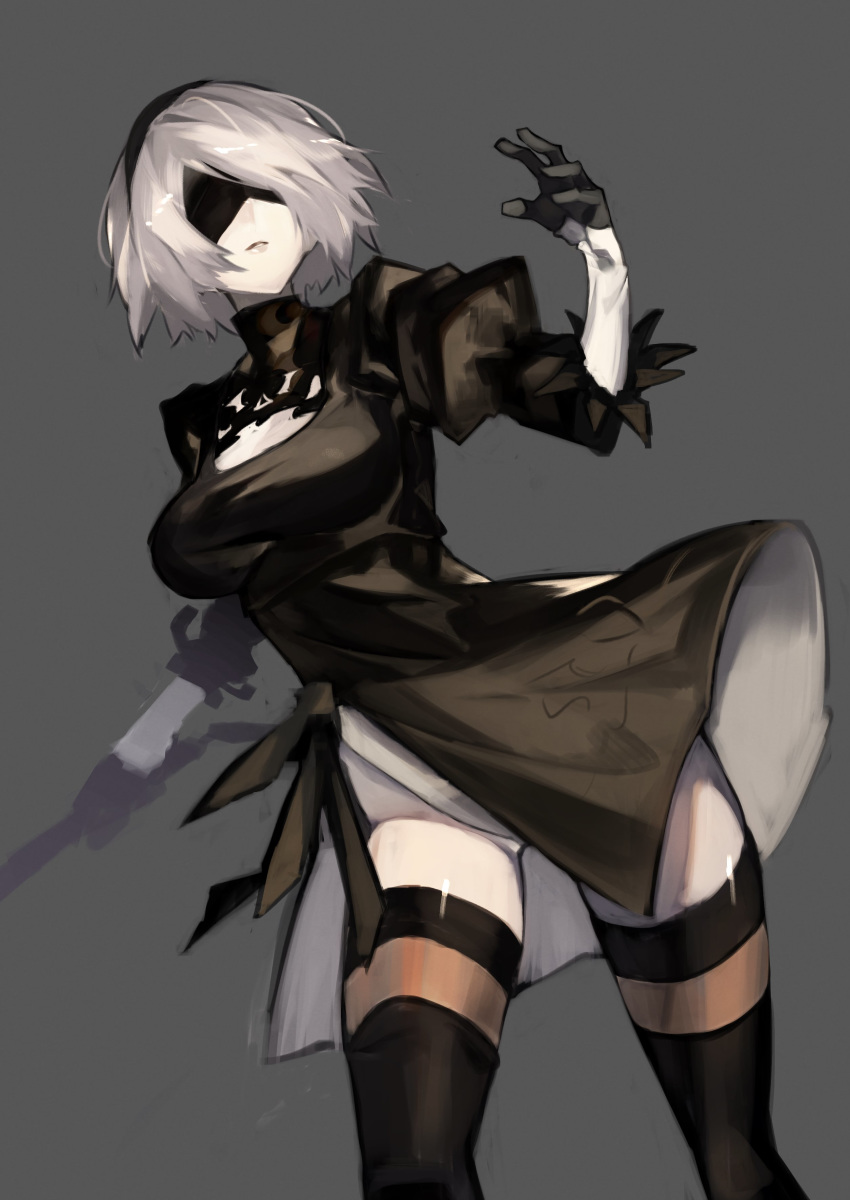 absurdres ass balance_(superdust) black_dress black_legwear blindfold boots breasts cleavage cleavage_cutout closed_mouth dress feather_trim gloves hairband highres holding holding_sword holding_weapon lips medium_breasts nier_(series) nier_automata short_hair simple_background solo sword thigh_boots thighhighs thighs turtleneck weapon white_hair yorha_no._2_type_b
