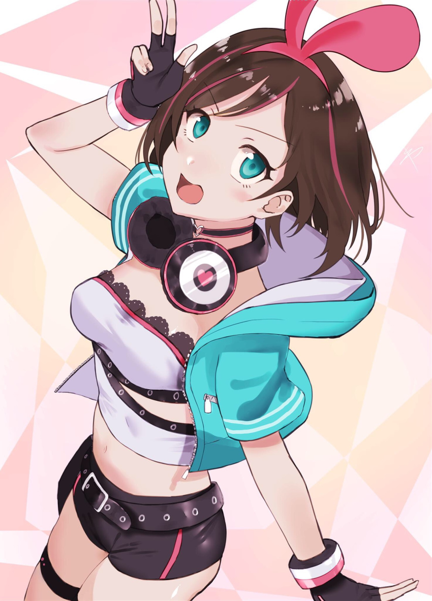 a.i._channel aqua_eyes aqua_jacket belt black_gloves blush breasts brown_hair choker fingerless_gloves gloves hairband headphones heart heart_choker highres jacket kizuna_ai looking_at_viewer medium_breasts multicolored_hair navel open_mouth pink_hairband reeya short_hair short_shorts shorts smile solo strapless streaked_hair thigh_strap virtual_youtuber