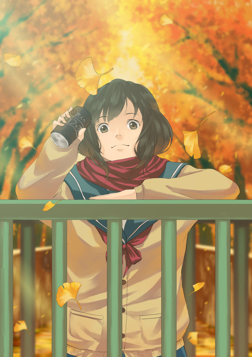 absurdres autumn black_eyes black_hair blue_skirt blurry blurry_background brown_jacket can commentary_request day drink ginkgo_leaf hand_up highres jacket looking_at_viewer medium_hair original outdoors railing red_scarf scarf school_uniform skirt solo tree w-moz9-w