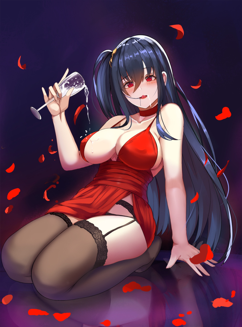 :q azur_lane bare_shoulders black_background black_hair blush breasts brown_legwear champagne_flute collarbone commentary_request cup dress drinking_glass garter_belt gg-e highres large_breasts long_hair looking_at_viewer petals red_dress red_eyes rose_petals side_ponytail solo taihou_(azur_lane) thighs tongue tongue_out