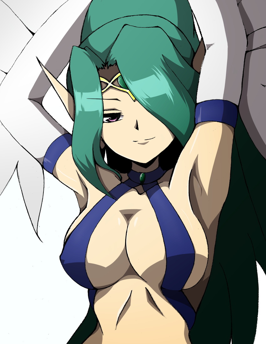 absurdres armpits arms_behind_head breasts cleavage crown duel_monster eyebrows_visible_through_hair feathered_wings feathers green_hair hair_over_one_eye halterneck harpie_queen harpy highres kairi69jp large_breasts long_hair looking_at_viewer monster_girl pointy_ears ponytail purple_eyes simple_background smile solo upper_body white_background wings yuu-gi-ou yuu-gi-ou_duel_monsters