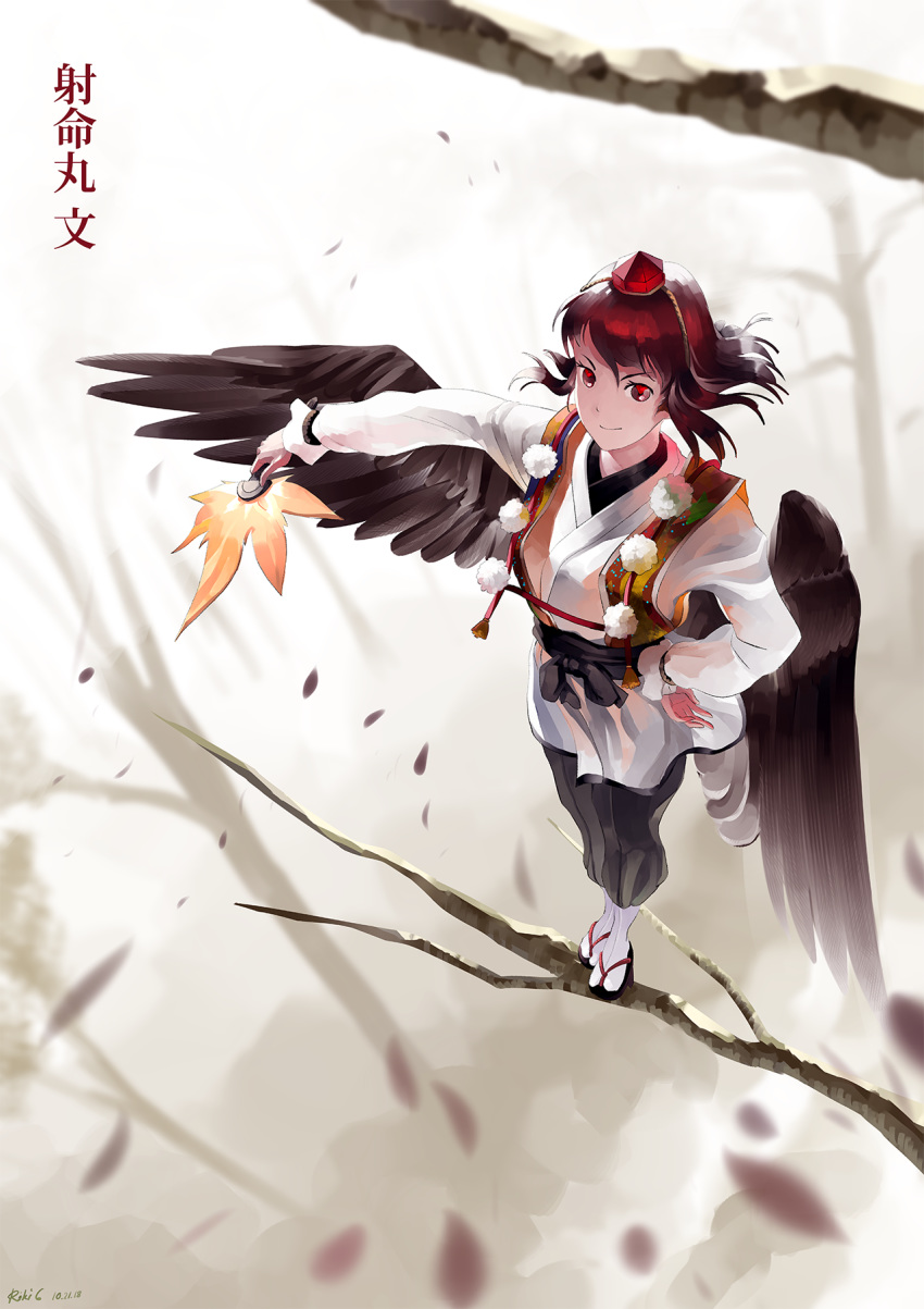 bare_tree bird_wings black_hair blurry brown_eyes character_name depth_of_field feather_fan feathered_wings from_above geta hair_blowing hand_on_hip hat heart heart-shaped_pupils highres in_tree kourindou_tengu_costume looking_at_viewer outstretched_arm riki6 shameimaru_aya short_hair smile solo standing symbol-shaped_pupils tabi tengu-geta tokin_hat touhou tree wind wings