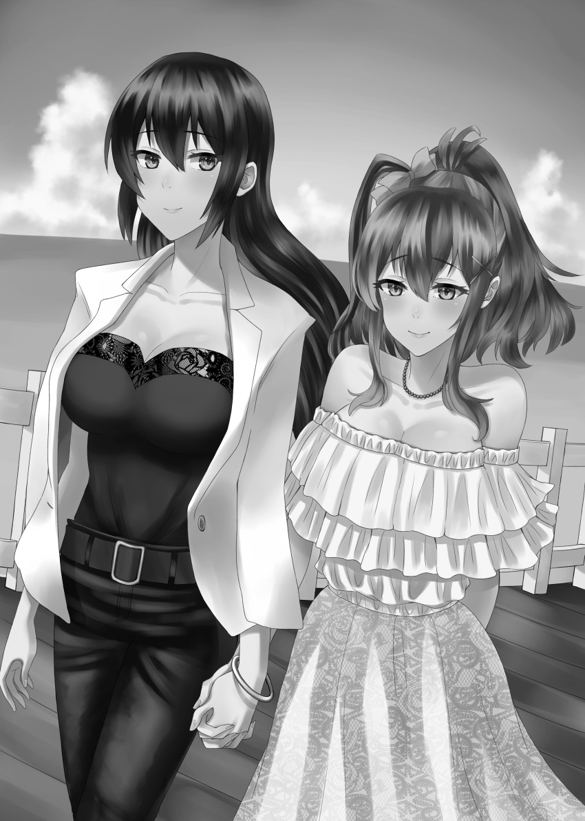 absurdres alternate_costume bare_shoulders belt bow bracelet breasts casual cleavage cloud collarbone dress fence greyscale hair_between_eyes hair_bow highres holding_hands ikahana_(ichikayuzu7) interlocked_fingers jewelry kantai_collection large_breasts long_hair looking_at_another monochrome multiple_girls nagato_(kantai_collection) necklace ocean pants saratoga_(kantai_collection) smile yuri