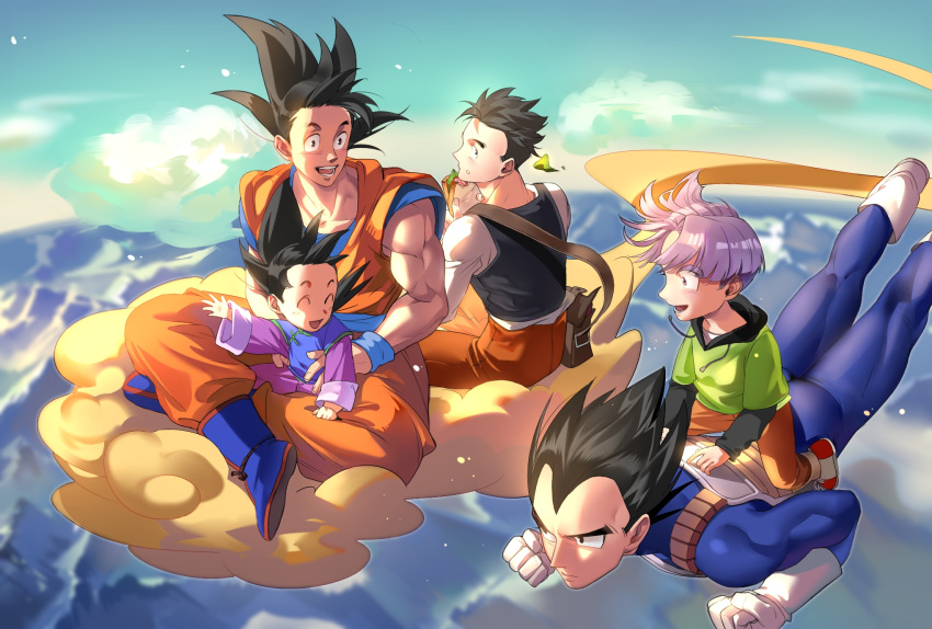 :d ^_^ armor black_eyes black_hair blue_sky boots brothers carrying chinese_clothes clenched_hands closed_eyes cloud cloudy_sky crossed_legs day dougi dragon_ball dragon_ball_z eating evening expressionless eyebrows_visible_through_hair father_and_son floating_hair flying flying_nimbus food full_body gloves green_shirt happy highres lettuce long_sleeves looking_at_another looking_back male_focus mountain multiple_boys open_mouth orange_pants outdoors profile purple_hair red_footwear sandwich shirt shoes short_hair siblings sitting sky smile sneakers son_gohan son_gokuu son_goten spiked_hair sunlight tobu_(bilibil) trunks_(dragon_ball) vegeta waistcoat waving white_gloves white_shirt wristband