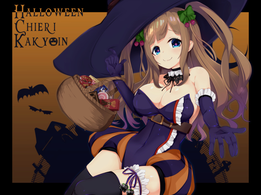 .live 1girl akiiro basket belt black_gloves black_legwear blue_eyes blush bow breasts brown_hair candy cherry cherry_hair_ornament cleavage closed_mouth elbow_gloves eyebrows_visible_through_hair food food_themed_hair_ornament fruit gloves green_bow hair_bow hair_ornament halloween happy_halloween highres holding holding_basket kakyouin_chieri large_breasts long_hair looking_at_viewer smile solo thighhighs twintails virtual_youtuber