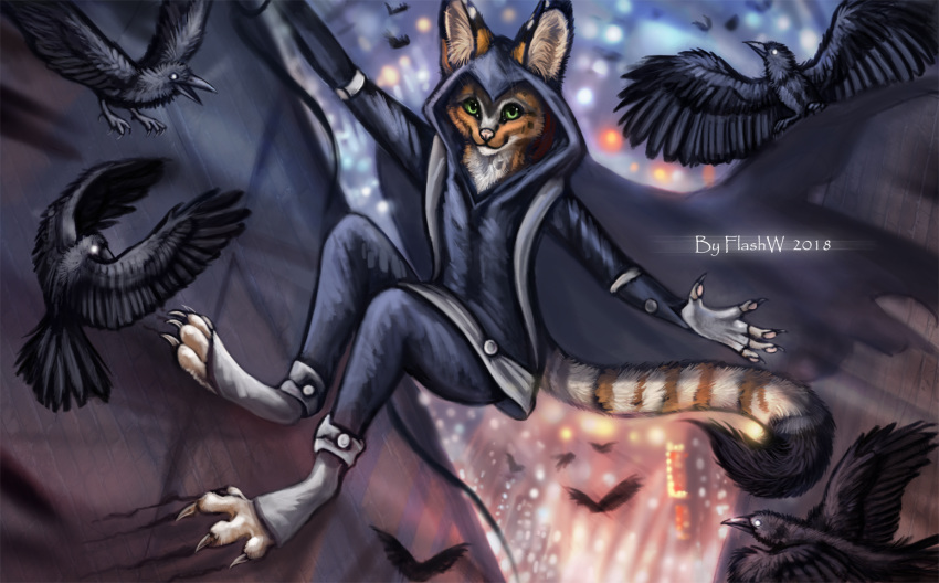 2018 5_fingers anthro avian barefoot beak bird black_beak black_feathers claws clothed clothing corvid detailed_background digital_media_(artwork) feathered_wings feathers flashw group lemur mammal primate raven smile wings