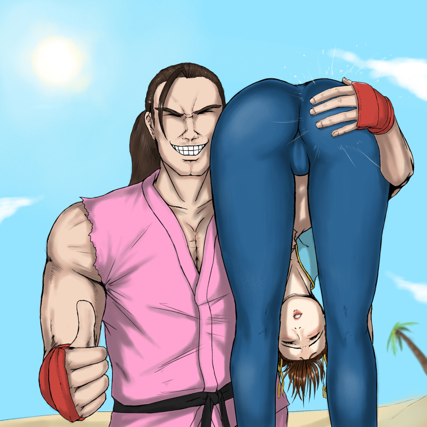 1boy 1girl ass cameltoe capcom carrying carrying_over_shoulder chun-li defeated eyeliner eyeshadow hibiki_dan legs lips lipstick looking_at_viewer makeup open_mouth pants ryona shiny shiny_clothes simple_background skin_tight sleeveless smile spanked spanking street_fighter street_fighter_zero streetfighter sweatpants theearnestp thighs toned tracksuit unconscious