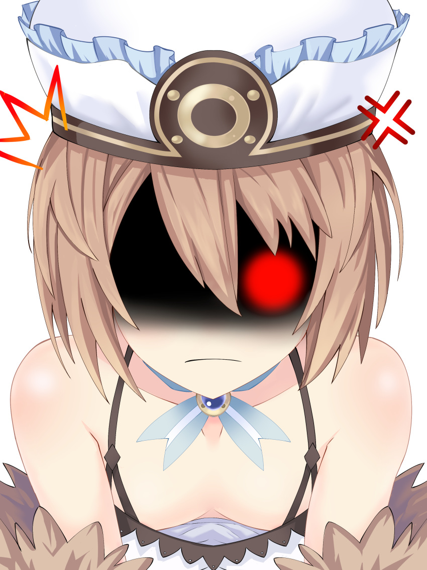 absurdres angry bare_shoulders blanc blush breasts brown_hair cleavage collarbone downblouse dress en-sof frown fur_trim glowing glowing_eye hair_between_eyes hat highres looking_at_viewer medium_hair neptune_(series) no_bra shaded_face simple_background small_breasts solo spaghetti_strap upper_body white_background white_dress