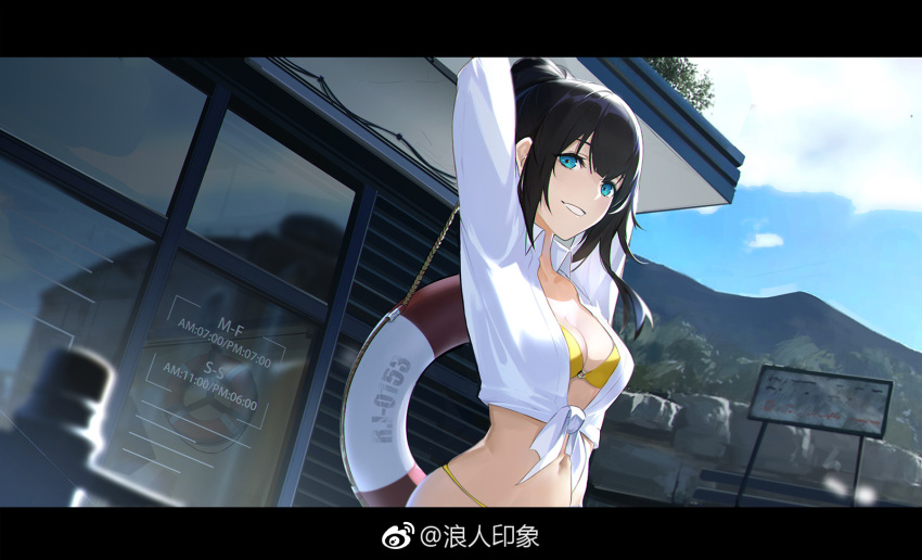 arms_up bikini black_hair blue_eyes blue_sky blurry blurry_foreground breasts cleavage crop_top day depth_of_field hair_bun highres letterboxed lifebuoy looking_at_viewer medium_breasts narcolepsy-1900 navel o-ring o-ring_bikini o-ring_top original outdoors parted_lips shirt sidelocks sky smile solo swimsuit tied_shirt weibo_username yellow_bikini