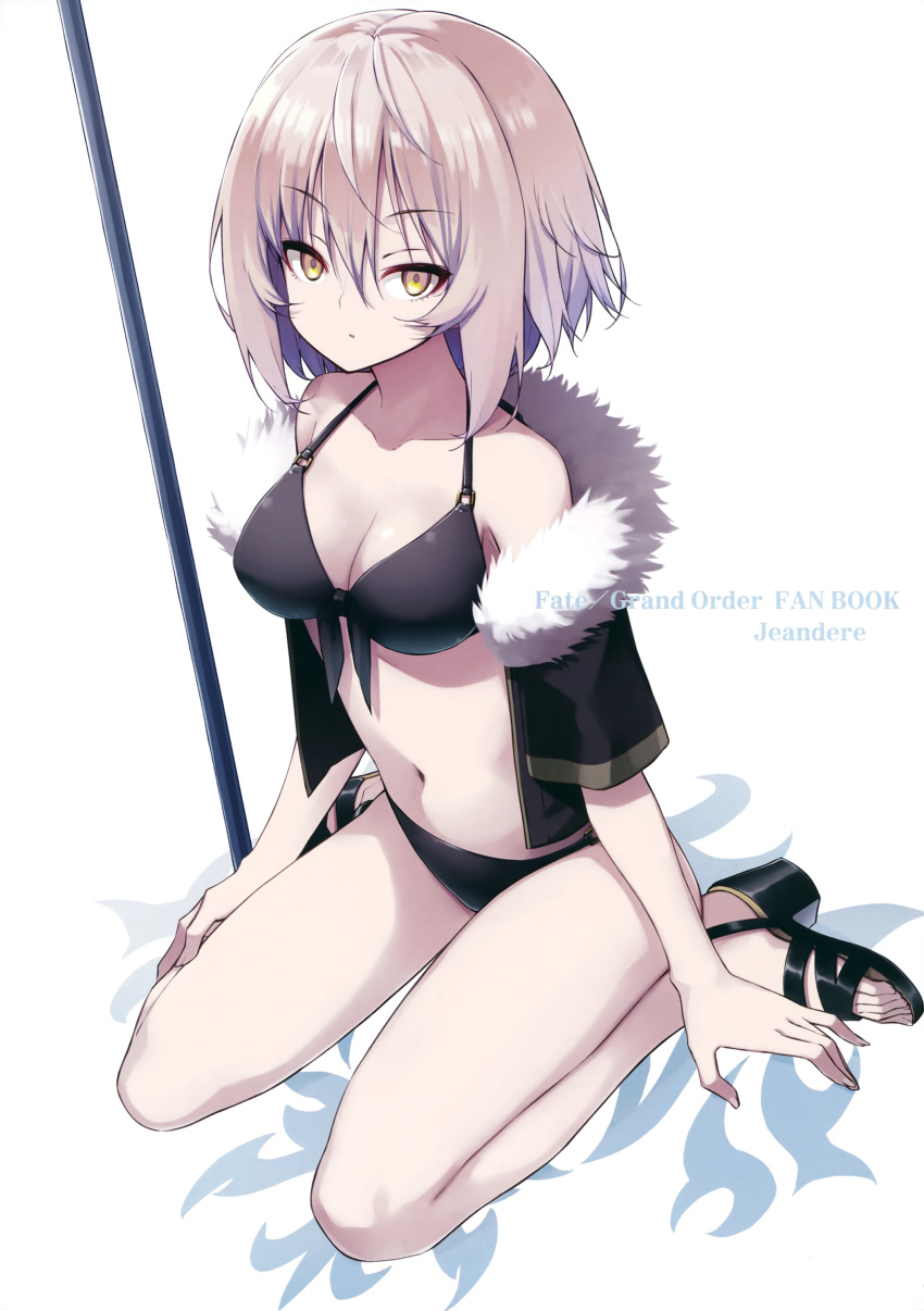 absurdres bare_shoulders bikini black_bikini black_footwear breasts cleavage eyebrows_visible_through_hair fate/grand_order fate_(series) flagpole front-tie_bikini front-tie_top fur-trimmed_jacket fur_trim hair_between_eyes hama_chon highres jacket jeanne_d'arc_(alter)_(fate) jeanne_d'arc_(fate)_(all) looking_at_viewer medium_breasts navel open_clothes open_jacket sandals short_hair silver_hair sitting solo swimsuit wariza yellow_eyes