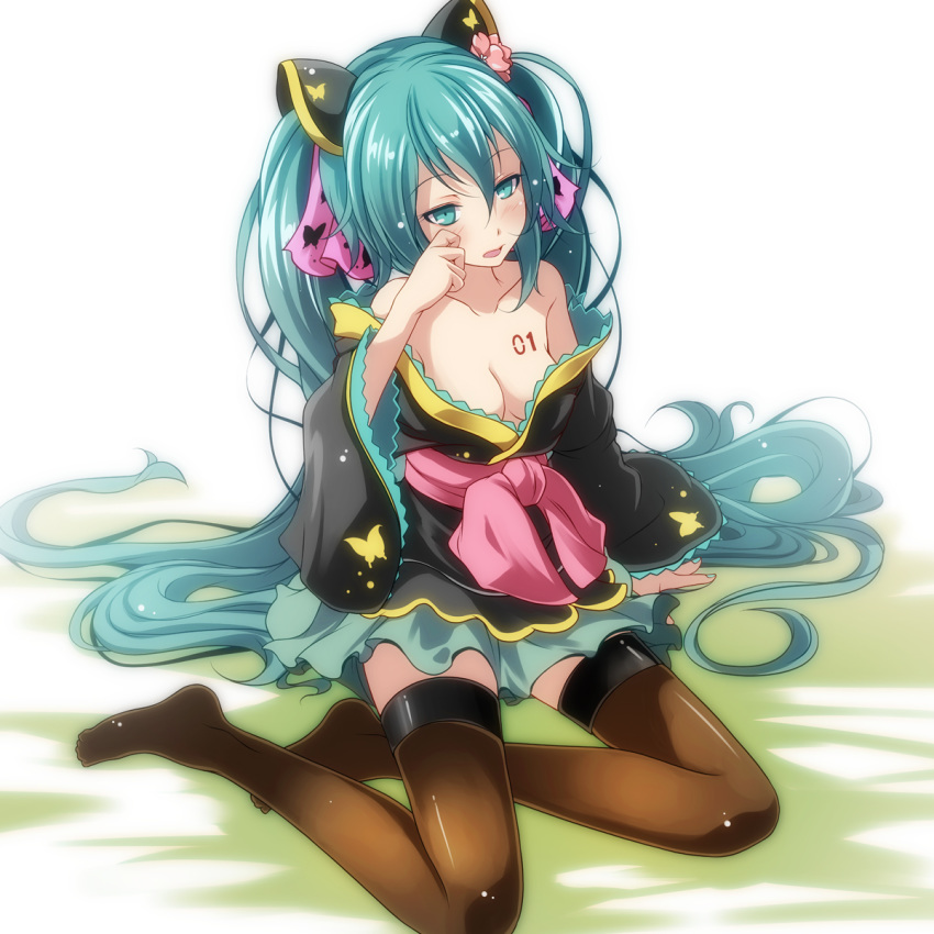 bad_id bad_pixiv_id black_kimono blue_eyes blue_hair breasts brown_legwear cleavage collarbone eyebrows_visible_through_hair flower full_body hair_between_eyes hair_flower hair_ornament hatsune_miku highres japanese_clothes kimono long_hair long_sleeves medium_breasts miniskirt off_shoulder open_mouth pink_flower project_diva_(series) shiny shiny_hair simple_background sitting skirt solo thighhighs tsukishiro_saika twintails very_long_hair vocaloid white_background wide_sleeves