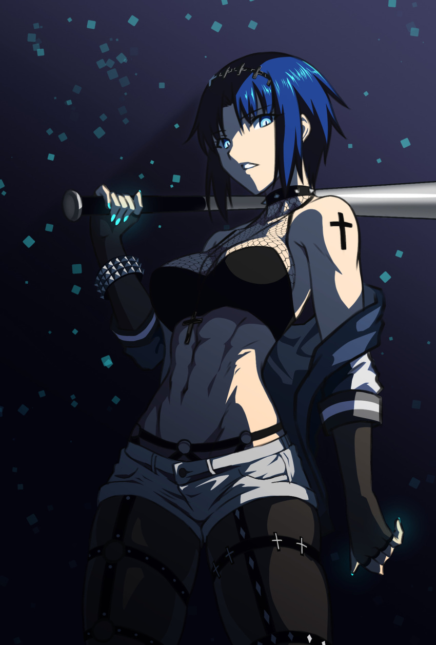 abs alternate_costume aqua_nails axia-chan baseball_bat blue_eyes blue_hair breasts ciel cleavage commentary cross elbow_gloves english_commentary fingerless_gloves fishnet_top from_below gloves groin highres looking_at_viewer medium_breasts nail_polish navel short_hair short_shorts shorts solo studded_choker thighs tsukihime