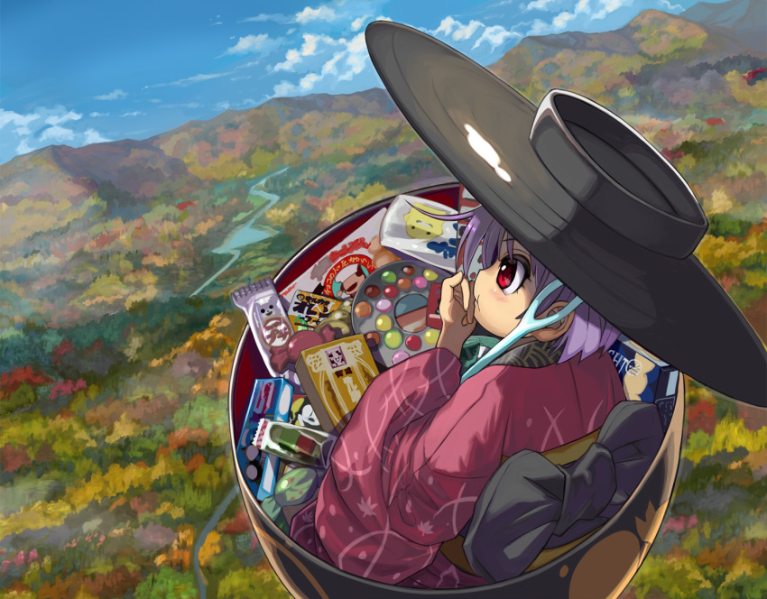 :t bangs black_hat black_sash blue_sky blush bowl bowl_hat candy commentary_request day eyebrows_visible_through_hair food forest hand_up hat hill japanese_clothes kimono long_sleeves nature obi outdoors purple_hair red_eyes red_kimono river sash scenery shope short_hair sky solo sukuna_shinmyoumaru touhou tree wide_sleeves