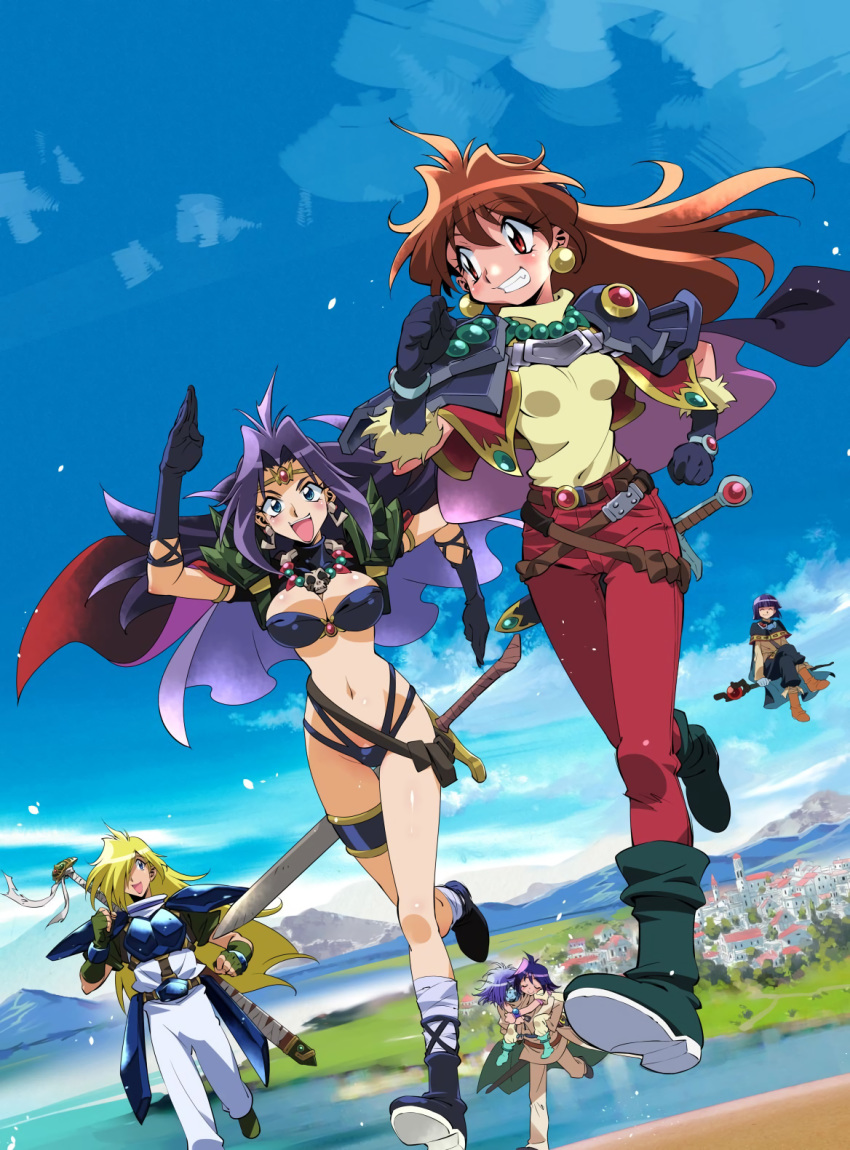 3girls amelia_wil_tesla_seyruun araizumi_rui armor belt bikini blonde_hair blue_eyes blue_hair boots cape carrying circlet crossed_belts day earrings fingerless_gloves flying gloves gourry_gabriev grin highres jewelry lina_inverse multiple_boys multiple_girls naga_the_serpent navel official_art open_mouth outdoors pauldrons piggyback purple_hair red_eyes red_hair running sheath sheathed slayers smile swimsuit sword thigh_strap weapon xelloss zelgadiss_graywords