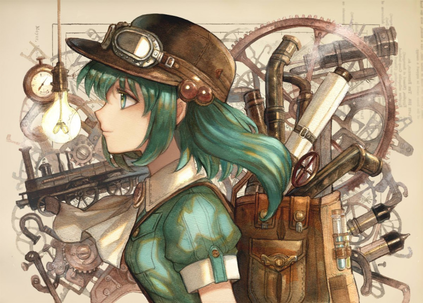 aqua_eyes aqua_hair ascot backpack bag beige_background brooch brown_backpack brown_hat closed_mouth commentary gears goggles goggles_on_headwear ground_vehicle hair_bobbles hair_ornament hat jewelry kawashiro_nitori keiko_(mitakarawa) light_bulb light_smile locomotive looking_away pipes profile puffy_short_sleeves puffy_sleeves short_sleeves solo steampunk test_tube touhou train two_side_up upper_body white_neckwear
