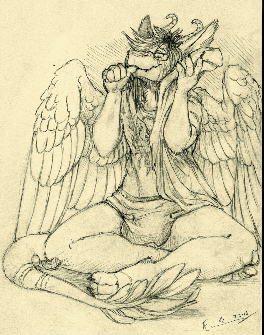 2016 angel_dragon anthro barefoot biped claws clothing diaper digitigrade dragon eyewear feathers fur glasses hair horn looking_down male monochrome shirt signature simple_background sitting sketch solo source_request sucking thumb_suck traditional_media_(artwork) twixxel_minty unknown_artist unknown_artist_signature wings